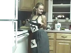 Slutty damsel smashes her honeypot with kitchen utensils on counter