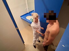 I surprise the gym cleaning gal who when she enters to clean the wc she catches me tugging off and helps me complete nutting with a blowjob