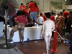 Towheaded stupid cockslut doing world record gang-bang