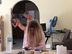 Amateur Horny daughter hid in the fridge and got caboose smash from step parent while mother watch TV
