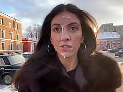 Girl agreed to walk with a stranger's Jism on her face in a public place - Cumwalk