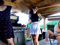 Super hot and horny Leon Lambert Femmes without undergarments have a BBQ Soiree Outdoors within Short Microskirt Summer Sundress
