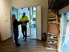 The delivery man comes home and I give him a surprise oral job