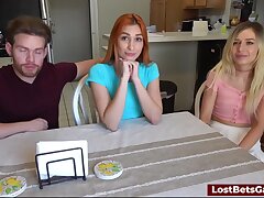 Two luxurious ladies toying a strip game with their kinky homie