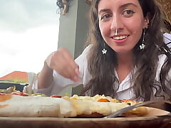 Munching pizza with jizm on my face in a public cafe