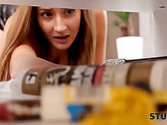 STUCK4K. Cute girlfriend is glued to the table and needs help to get out