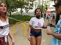 Walking with dolls on leashes in downtown Sao Paulo / Girls on leashes in street exhibitionism / hotties on leashes on the street