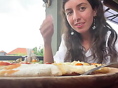 Ambling with cum on face in cafe - Girl gobbles pizza and guzzles cum - Cumwalk