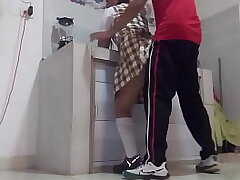 I FUCK MY CLASSMATE IN THE KITCHEN BUT MY DICK DEVIATES AND ENDS UP STUCK IN HER Caboose UNTIL IT'S Crammed WITH CUM