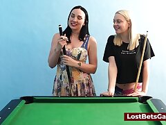 A massive mounds lesbian duo playing billiard and using the stick in a new way
