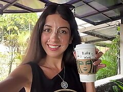 Deep throat in a Public Restroom Starbucks and Cumwalk - She drinks coffee with jism on face among people