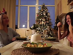 Throating and milking off neighbor's cock as a Christmas introduce Handjob Cumshot