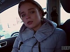 DEBT4k. Pretty cutie pays the debt she took for her big faux jugs with her pussy