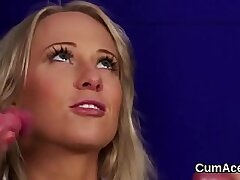 Frisky sex kitten gets jizz flow on her face drinking all the enjoy splooge
