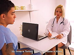 Towheaded doc Xiara Dark gets horny checking her patient's Phat schlong - Juan Bustos doc