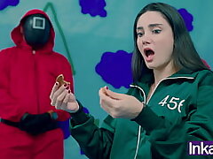 SQUID GAME - Brazilian Victoria Carmargo cracks the cookie in the squid game and gets her meaty pinkish cooter fucked.