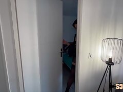 Jade, brown-haired in wonderful lingerie, fucks two men