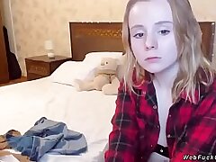 Inexperienced teenage camgirl in bra and tee-shirt