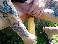 Lucy Ravenblood fucking muff with corn in public