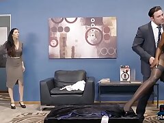 Ebony clothing shop worker takes care of rock hard customer