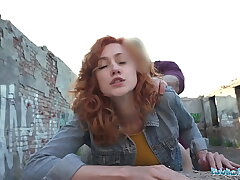 Public Agent Sexy redhead waitress sucks cock and gets fucked from the rear outside in public
