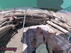 #2 Exhibitionist Wife Outdoor Unexperienced Milf Hand job Ginormous Cock on Bareness Beach public in front of spycam with money-shot - MissCreamy