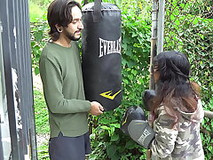 While boxing I strike the neighbor and I have no choice but to spoil him by fellating his giant cock and letting him fuck me.