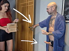 Delivery nymph kept an eye on the old pervert's erection!