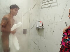 Gigantic arse step-mother concludes up fucking her bony son-in-law after spying on him in the shower