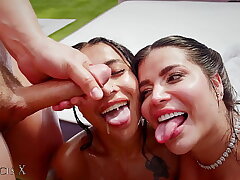 Outdoor Gang-fuck 9 Fellows Drill 2 Breezies in Underwear with Anal and DP
