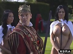 King fucks his chesty promiscuous servants Jasmine and Anissa