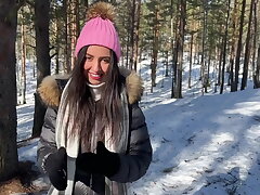 Real Fucky-fucky in Winter Snowy Woods with Spunk in Vagina - Creampie
