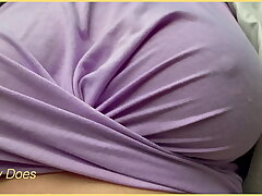 Wife is bra-less in this tight pink t-shirt with her perfect tits displayed