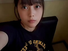 A gal school student strokes alone in a private room at a karaoke bar, using a mechanism she has just learned.
