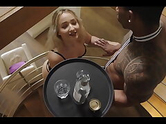 French slut deep-throat the dick of ebony waiter and then called her bf to keep banging in the room...