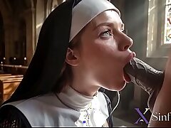 A chesty redheaded nun attempts a beef whistle for the first-ever time right in the church[AI]
