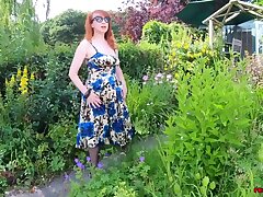Busty stunner Crimson Hard-core fingers herself in the garden