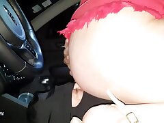 BS010619  003115 SV Katya is driving  her camper dressed in her crimson mini miniskirt and  using her slave as a human driver seat cushion