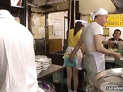 Stellar Japanese waitress Asuka gets group-fucked and creampied in public