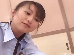 Chinese schoolteacher penalizing hellion with her belt cock
