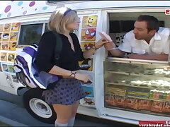 Blonde nubile with smallish funbags wears a skirt and gets pick up