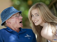 Beautiful teenie sucks granddad outdoor and she swallows it all
