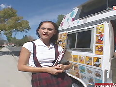 Brown-haired smallish student Teenage with puny tits has camper lovemaking