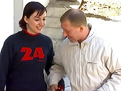 Schoolgirl fucks outdoors in freezing temperatures with her professor