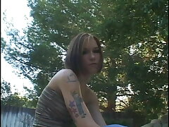 Warm tatted brunette with good boobs is fucked standing in living apartment
