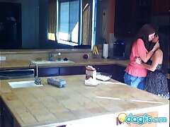 Kinky milf munches teenage pussy in the kitchen