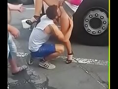 Man to deepthroat pussy in public