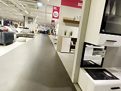 Public hand-job in furniture store :P  risky and wild cumshot !