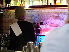 Barmaid sucked a big dick in the bar rest room