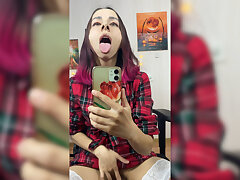 Naughty gal can't stop milking to her reflection in the mirror